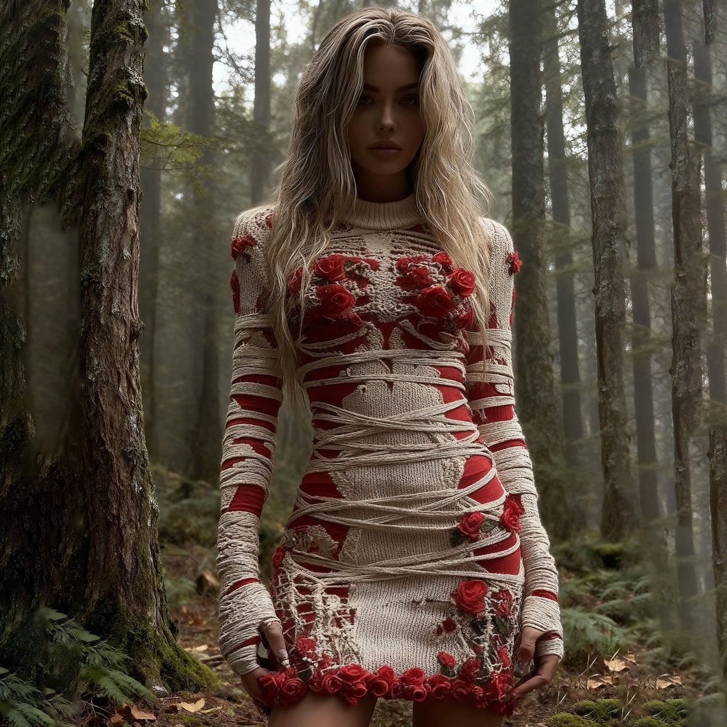 Women's Vintage Halloween Skeleton Red Rose Art Cozy Knit Mini Sweater Dress