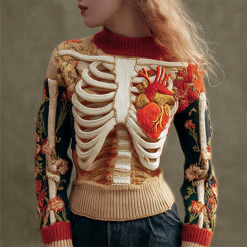 3d Human Skeleton & Floral Art Women's Knit Crew Neck Sweater
