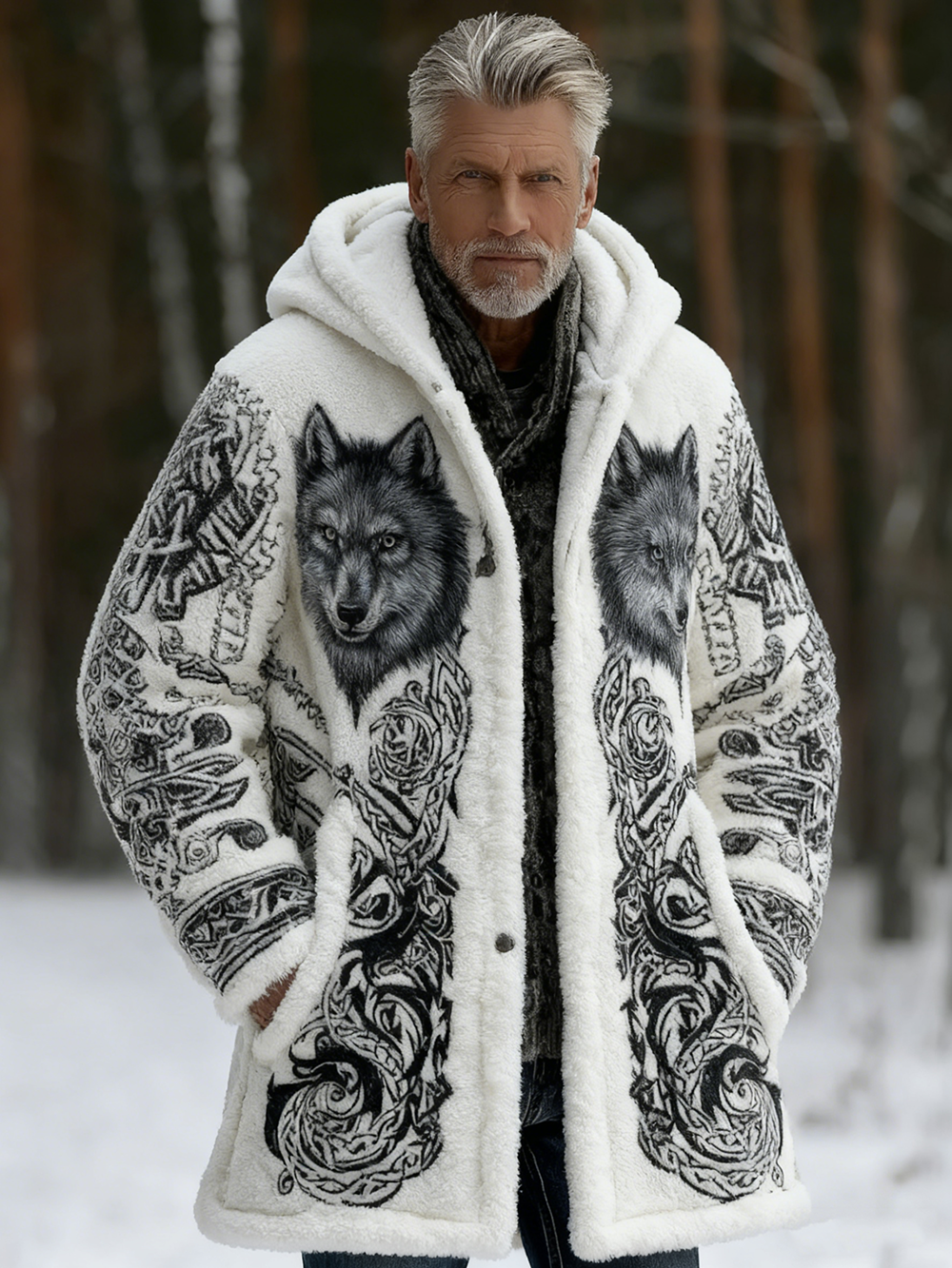 Men's Viking Celtic Wolf Pattern Art Flannel Cozy Warm Zipped Hooded Jacket