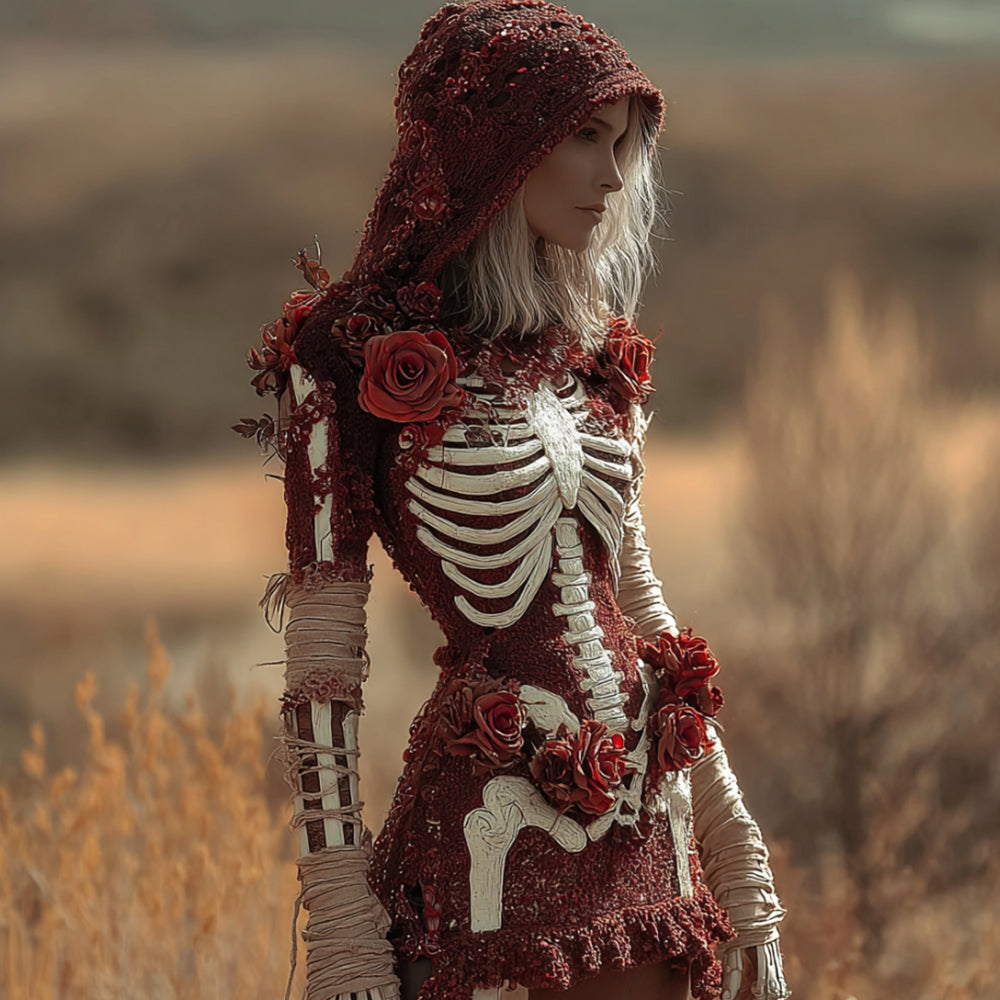 Women's Halloween Skeleton And Crimson Rose Glitter Bandage Dress
