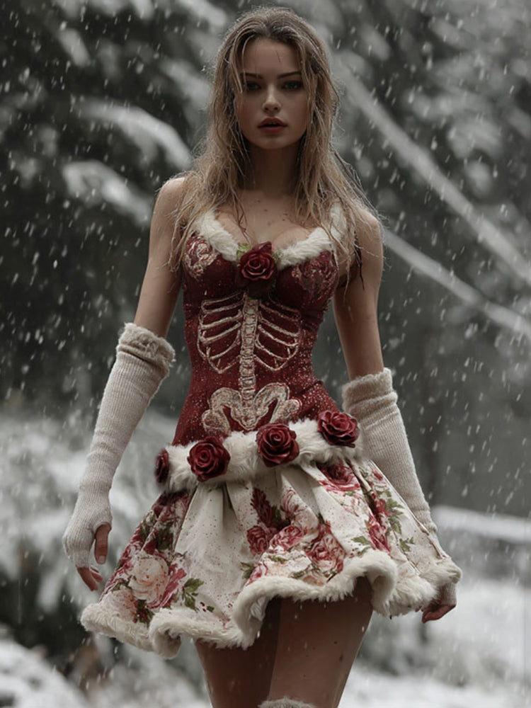 Women's Vintage Halloween Skeleton & Rose Art Midi Dress