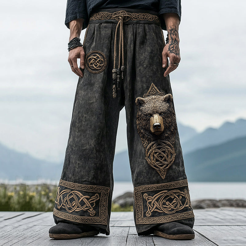 Vintage Nordic Viking Mythology Celtic Knot Bear Head Pants