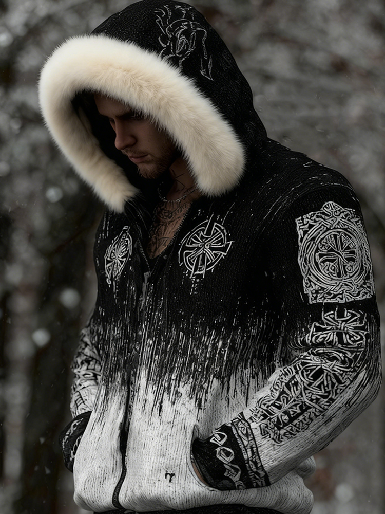 Men's Retro Viking Style Hooded Knit Sweater Coat
