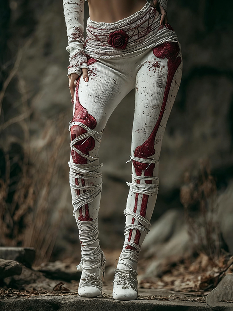 Halloween-themed Line Art Women's Knitted Tight-fitting Leggings.