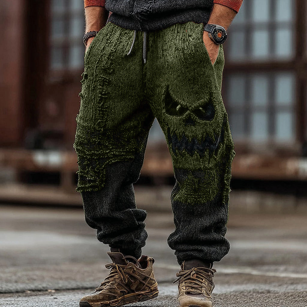 Men's Halloween Spooky Face Gradient Inspired Knitted Distressed Knit Casual Long Pants