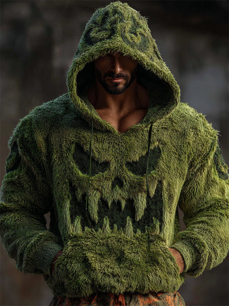Men's Halloween Fuzzy Monster Face Distressed Cozy Plush Hoodie