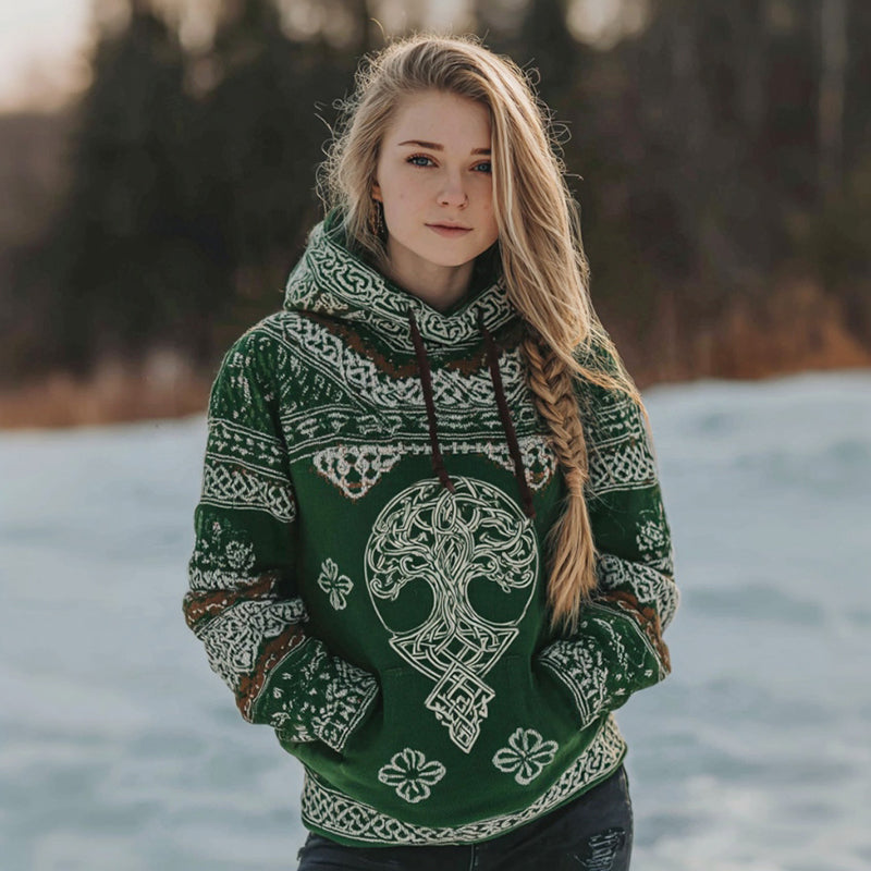 Women's Viking Tree Of Life And St. Patrick's Day Shamrock Pattern Comfortable Hooded Sweater