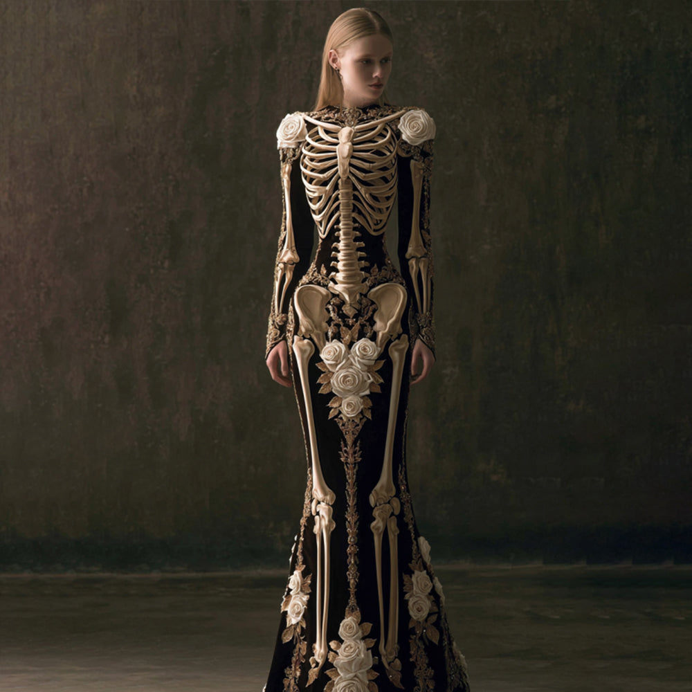 Women's Halloween Retro Anatomy Art And Flower Black Velvet Long Dress