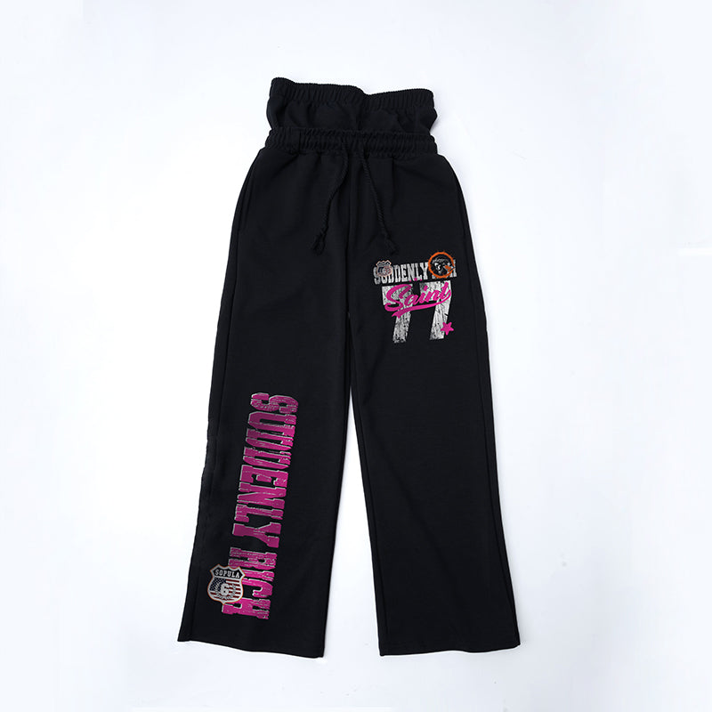 Hip-hop Sporty Pattern Double Waistband Design Sweatpants