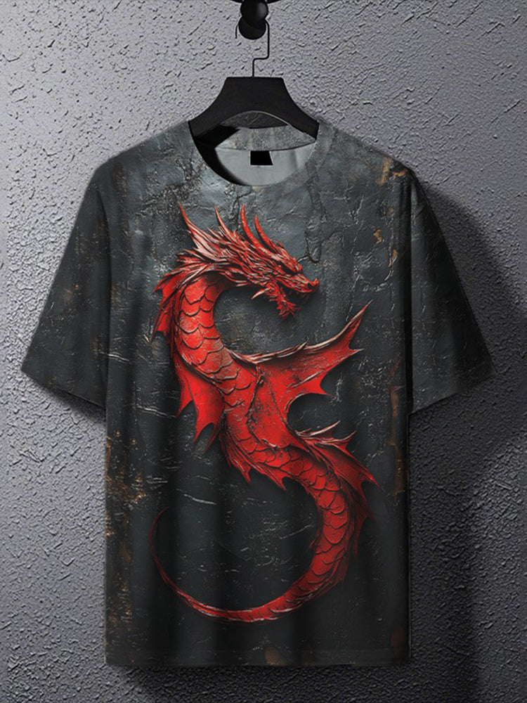 Men's Red Dragon Art Print Casual T-shirt