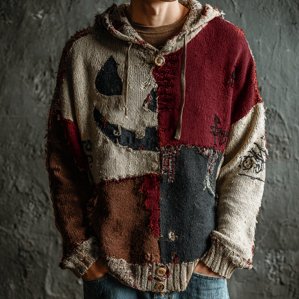 Men's Halloween Pumpkin Face Colorblock Stitched Cozy Knit Hooded Sweater