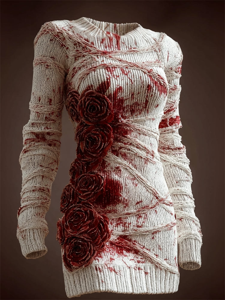 Bloody Bandages Glitter Roses Cozy Knit Sweater Dress