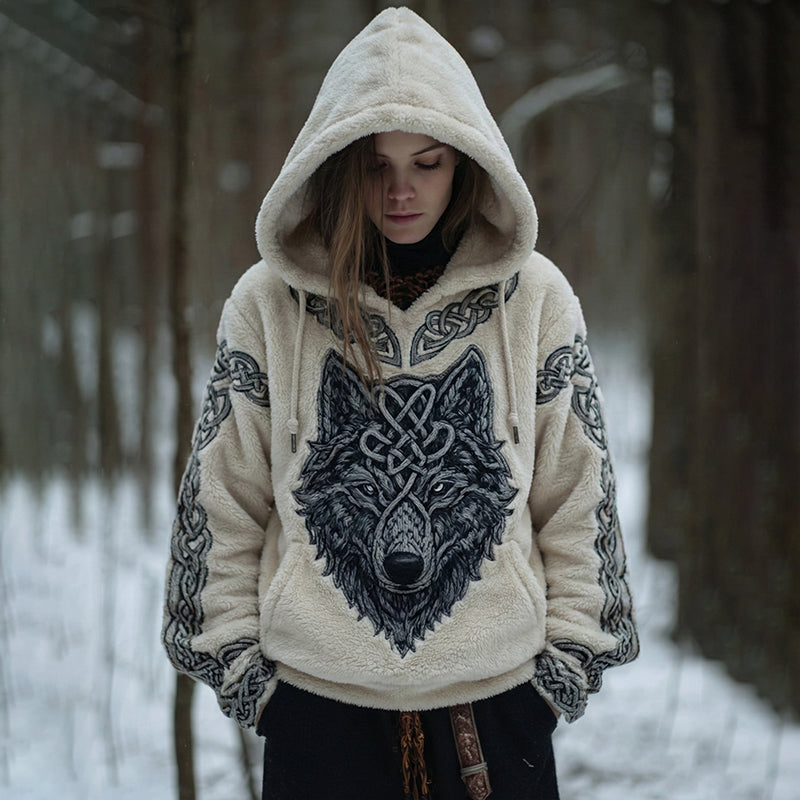 Women's Retro Viking Wolf Art Casual Flannel Hoodie