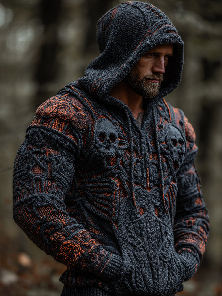 Men's Vintage Skull Art Casual Knit Hooded Sweater