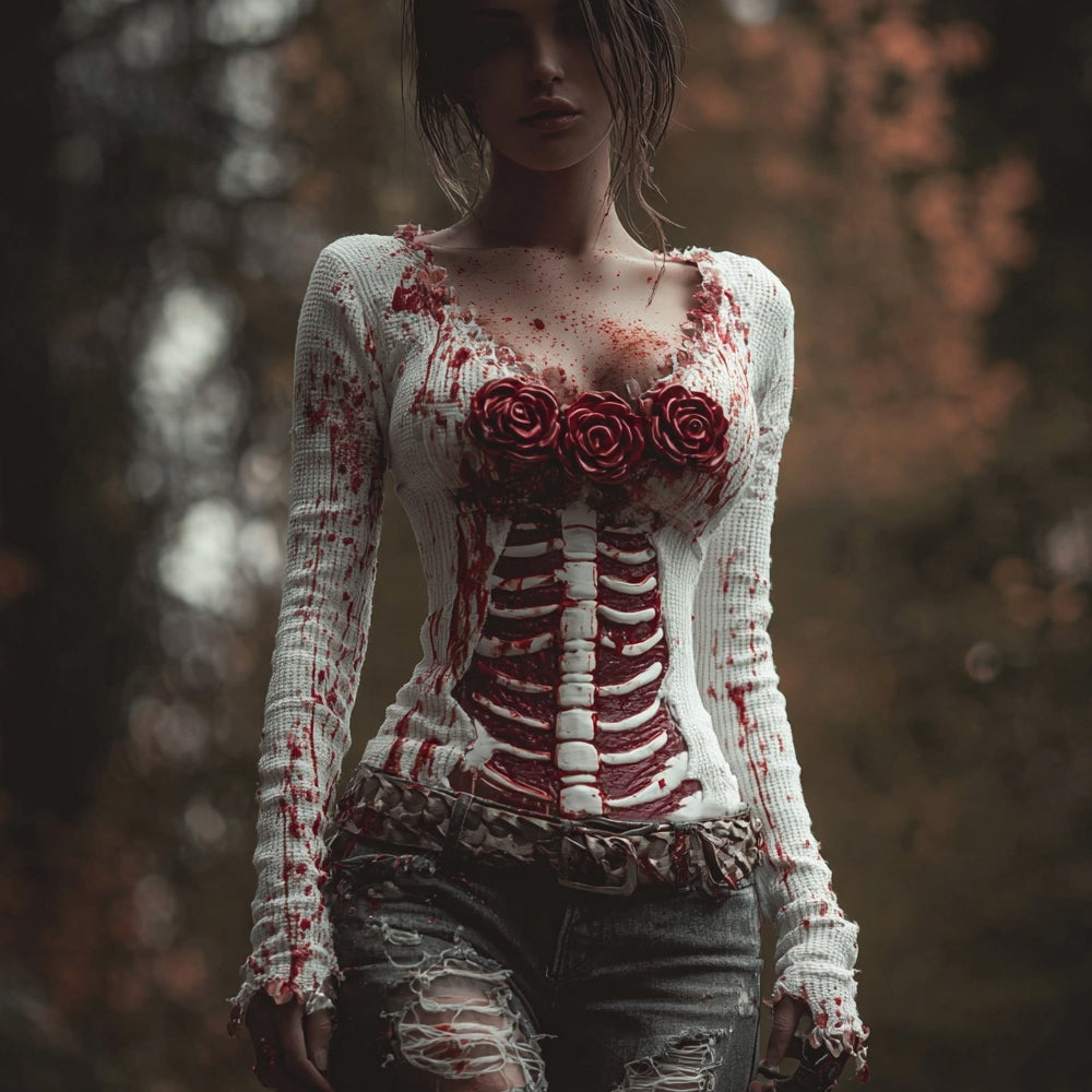 Classy Skeleton Bloody Roses V Neck Halloween T Shirt