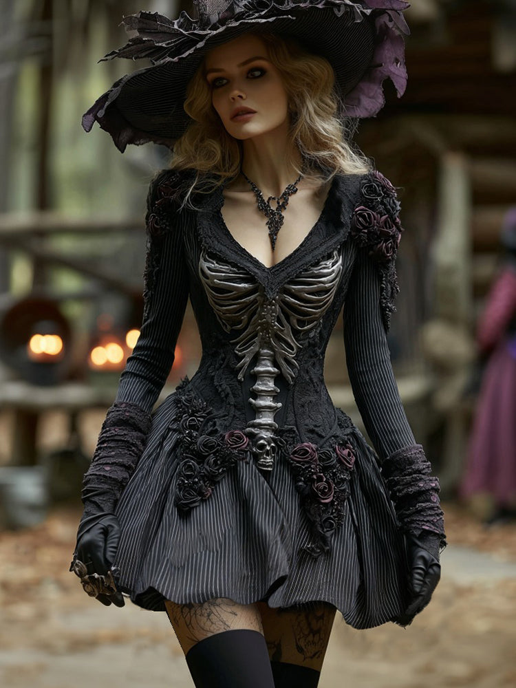 Women's Halloween Rose Skeleton Gothic Witch Black Stripes Midi Dress