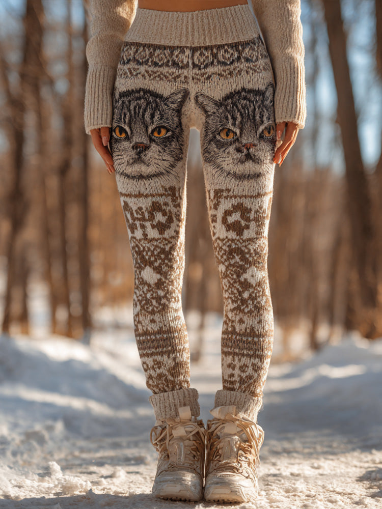 Retro Viking Style Cute Cat Print Women's Tight Knit Leggings