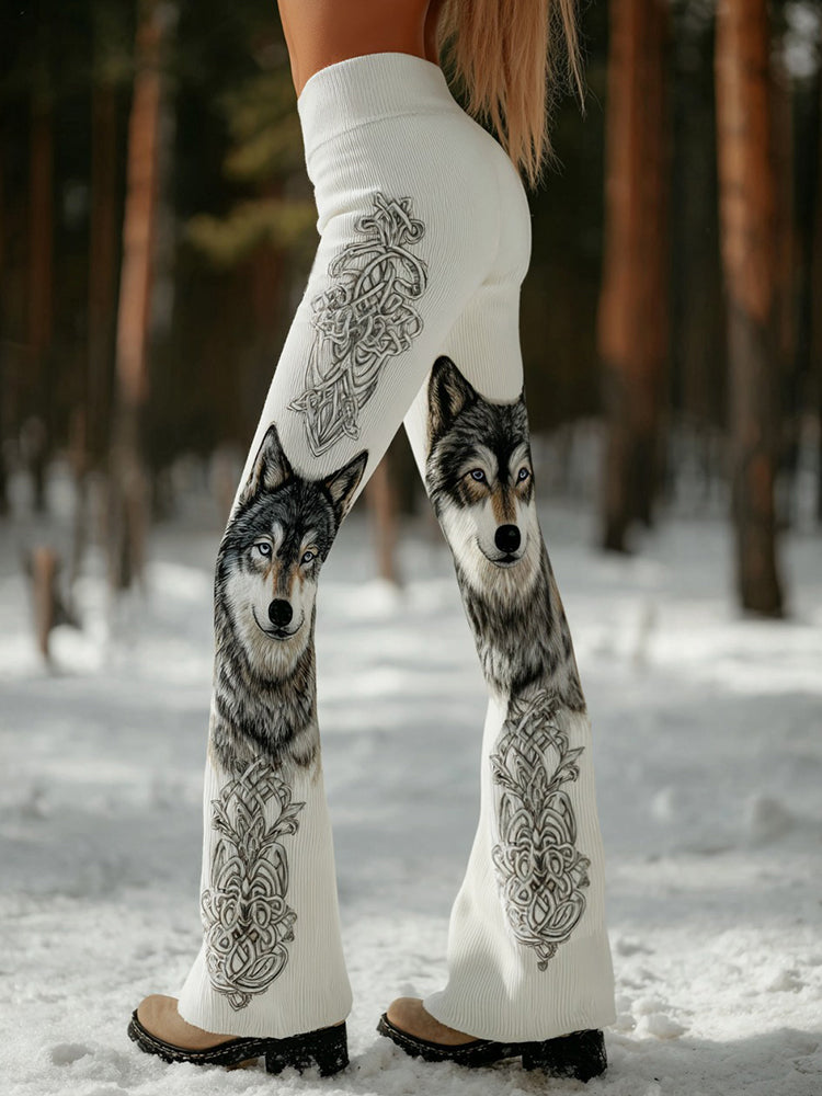 Vintage Wolf Celtic Art Cozy Knit Flared Leggings