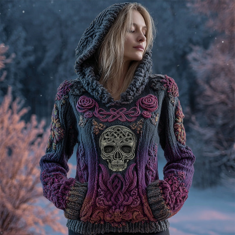 Vintage Purple Roses Viking Celtic Skull Hooded Cozy Knit Sweater