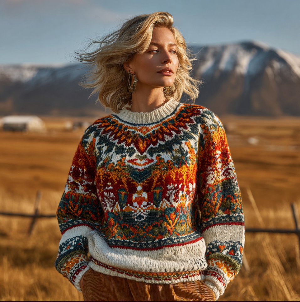 Fair Isle Style Elements Women's Round Neck Knit Sweater
