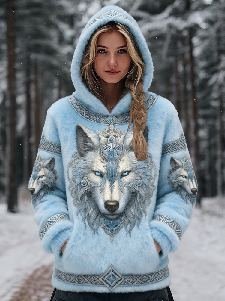 Women's Vintage Wolf Art Plush Cozy Hoodie