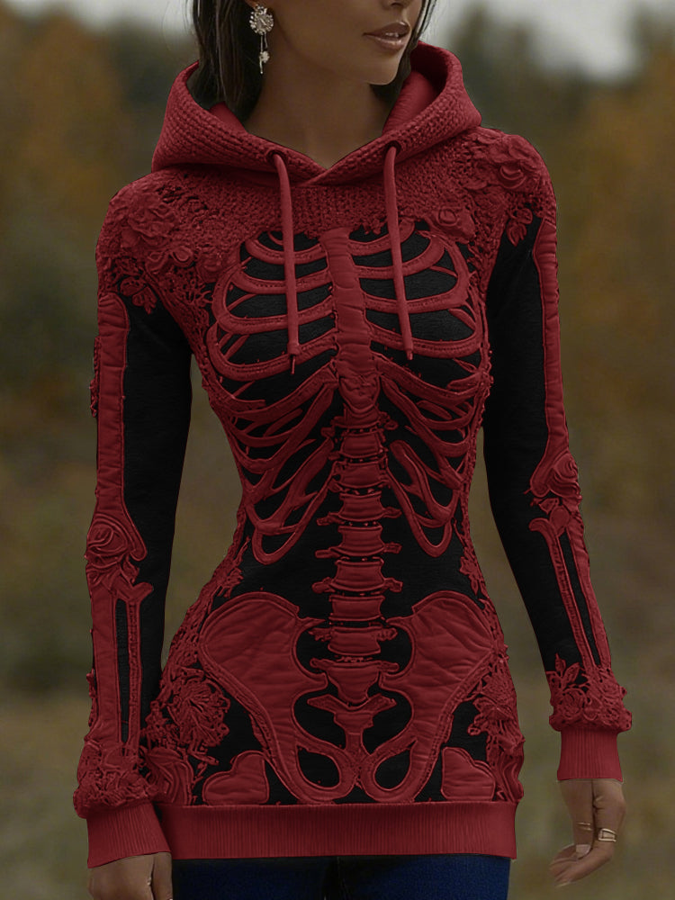 Women's Halloween Skeleton Bones With Roses Art Knitted Warm Hooded Sweater