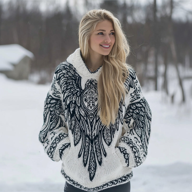 Women's Retro Celtic Knot And Wing Pattern Comfortable Hooded Sweater