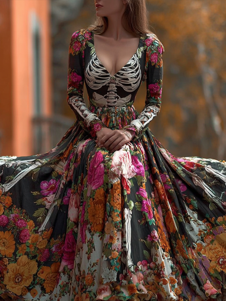 Halloween Plant Flower And Skeleton Bone Pattern Combined Design Women Long Cotton And Linen Dress