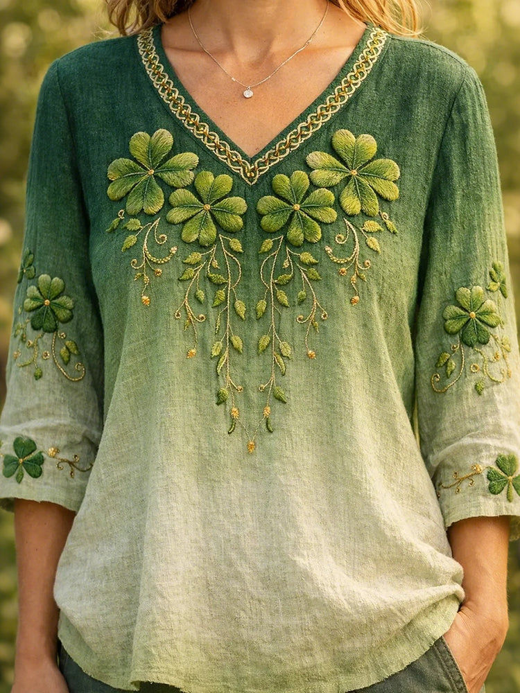 Women's Vintage St Patrick's Day Shamrock With Celtic Knot Art Loose And Comfortable Cotton And Linen V Neck Shirt