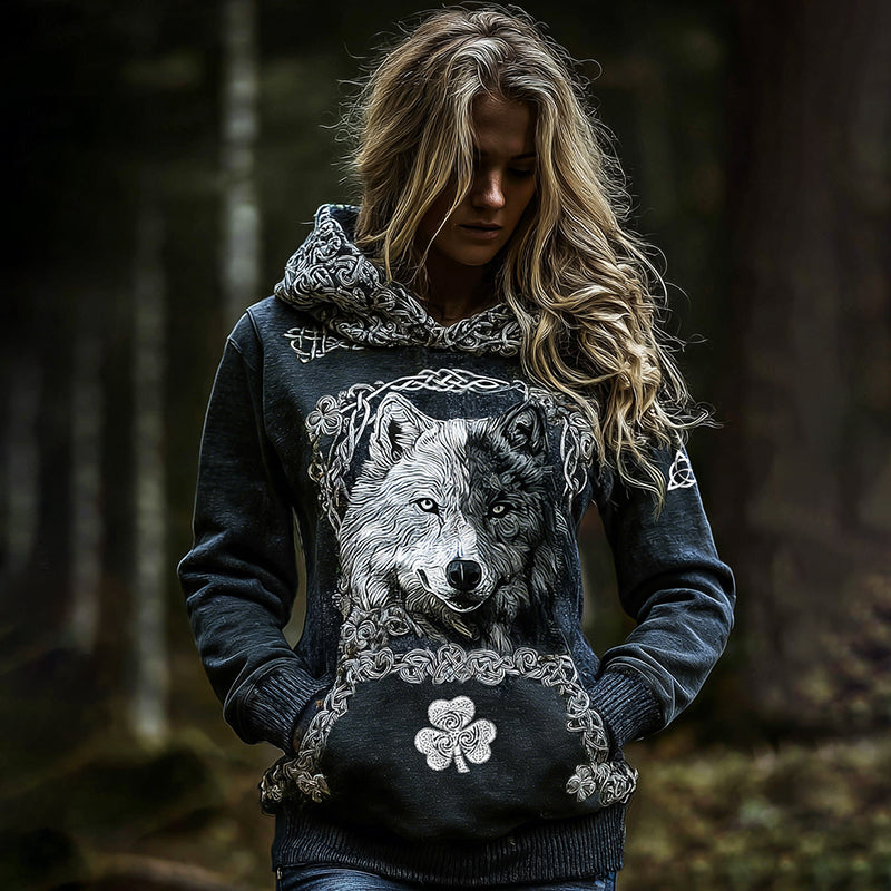 Women's Celtic Wolf Totem Lucky Shamrock Print Hoodie