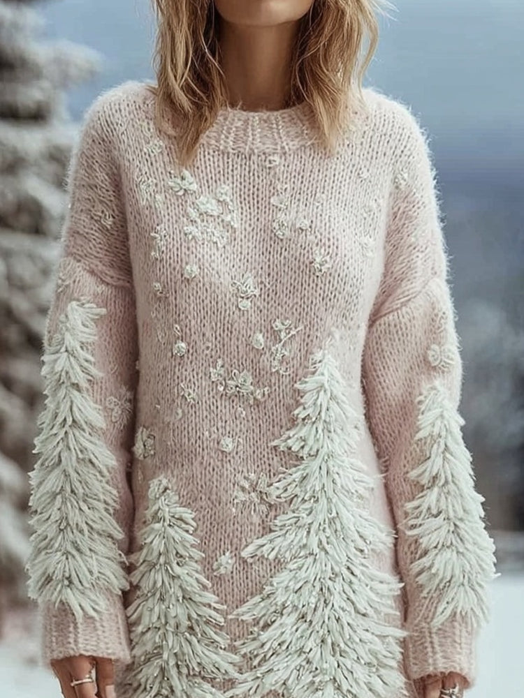 Elegant Christmas Trees Embroidered Cozy Sweater Mini Dress
