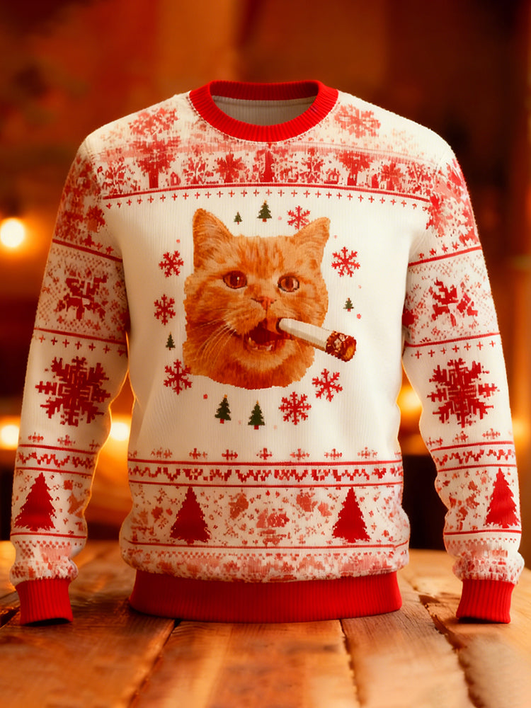 Cute And Quirky Cat Pattern Warm Crew Neck Sweater