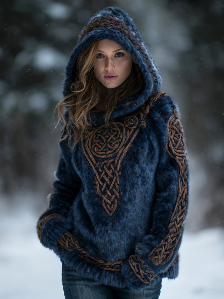 Women's Vintage Viking Celtic Knot Art Plush Hoodie