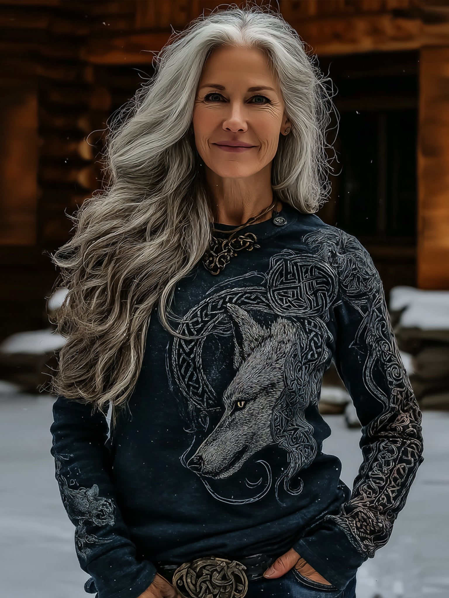 Women's Retro Viking Celtic Wolf And Rune Print Crew Neck T-shirt