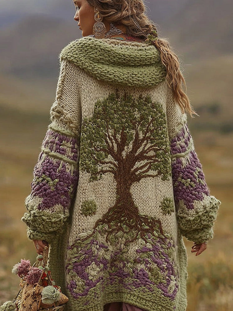 Women's Vintage Viking Tree Of Life And Floral Pattern Knitted Cardigan Sweater