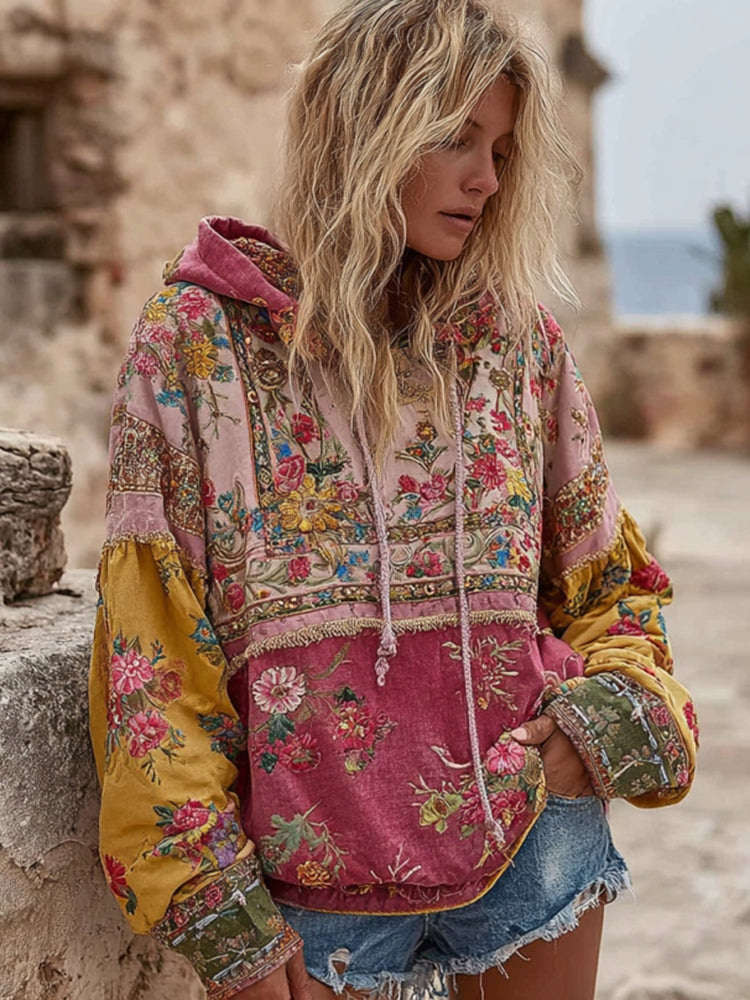 Women's Vintage Bohemian Floral Embroidery Patchwork Art Casual Long Sleeve Hoodie