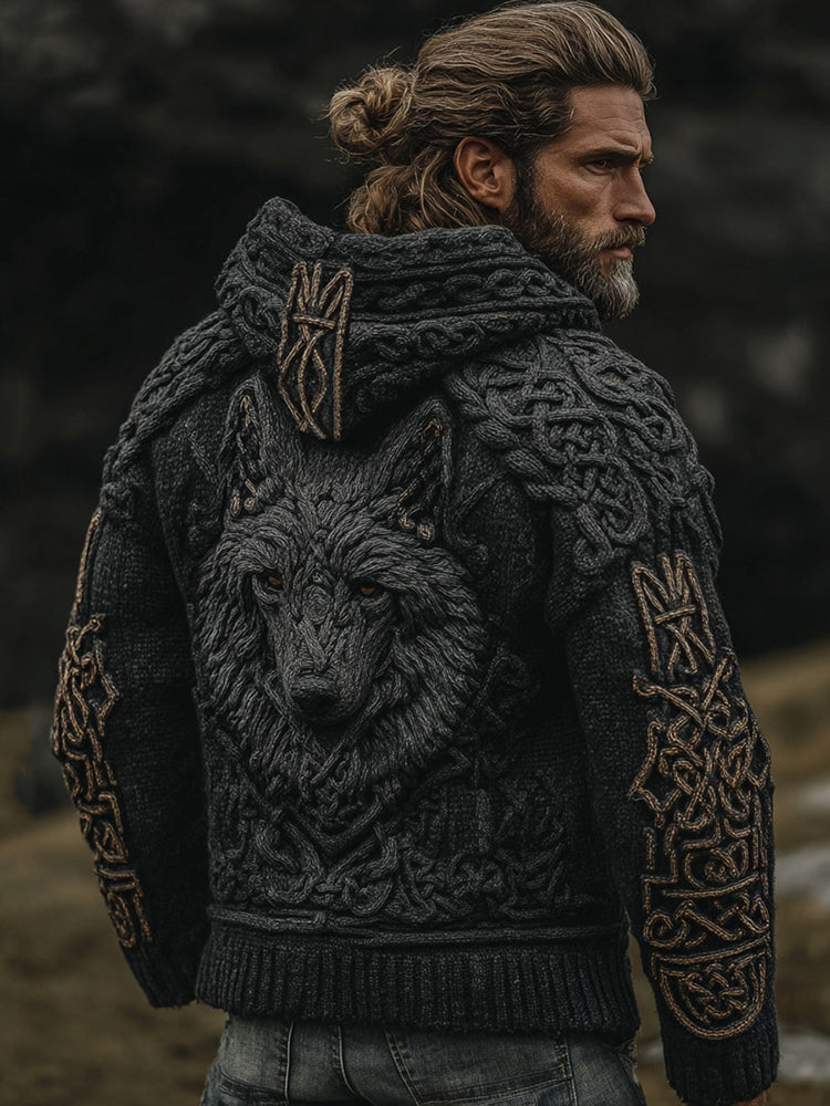 Men's Vintage Viking Wolf Jacquard Knitted Cozy Zipper Up Hooded Cardigan