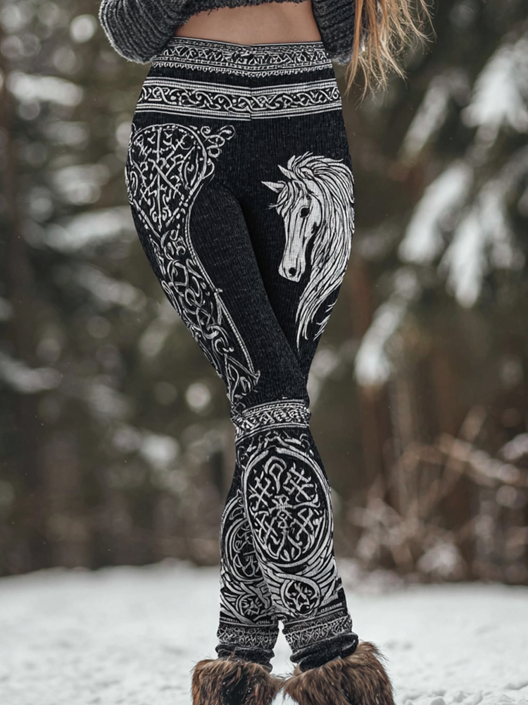 Vintage Viking Celtic Style Horse Pattern Women's Tight Knit Leggings