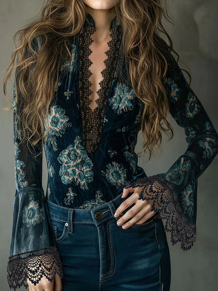 Women's Elegant Lace-trimmed Velvet V-neck Top