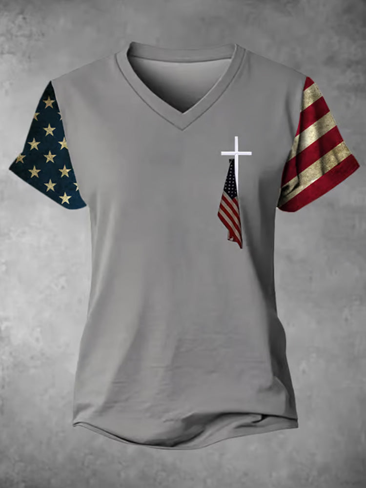 Women's Flag Cross Print V-neck T-shirt