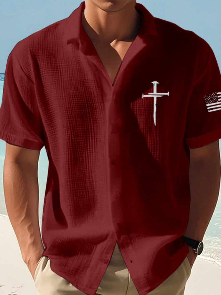 Men's Faith Cross Print Short Sleeve Linen Shirt