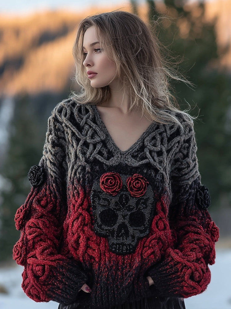 Vintage Red Roses Skull Viking Celtic V Neck Cozy Knit Sweater