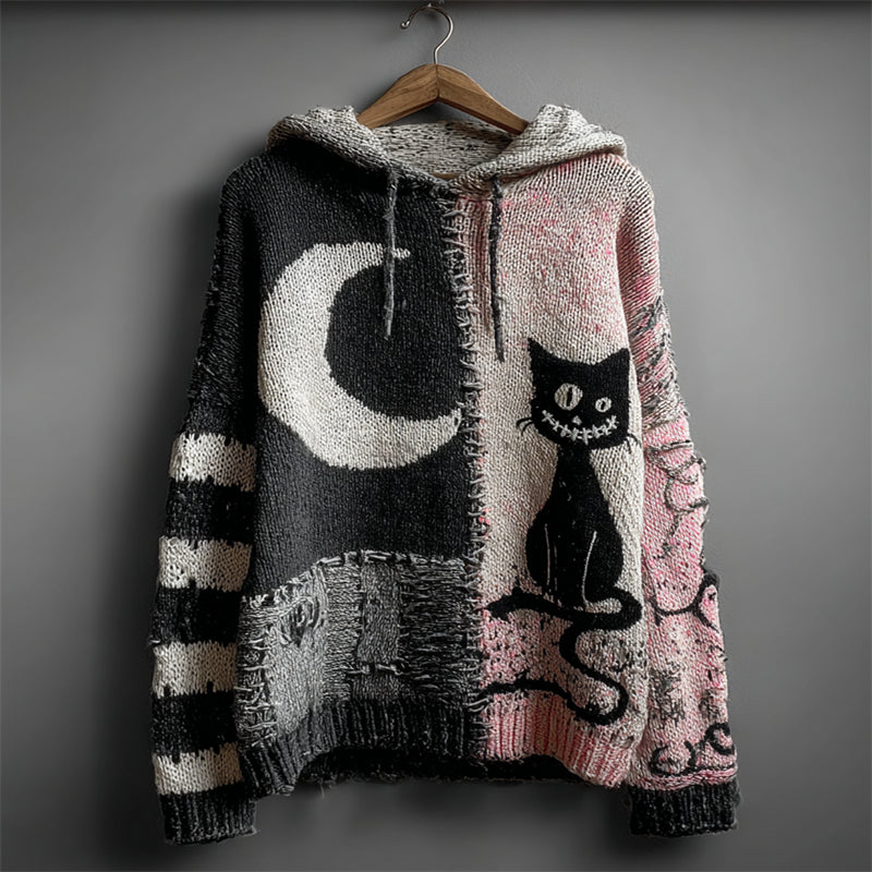 Halloween Black Cat & Moon Contrast Patchwork Cozy Knit Hooded Sweater