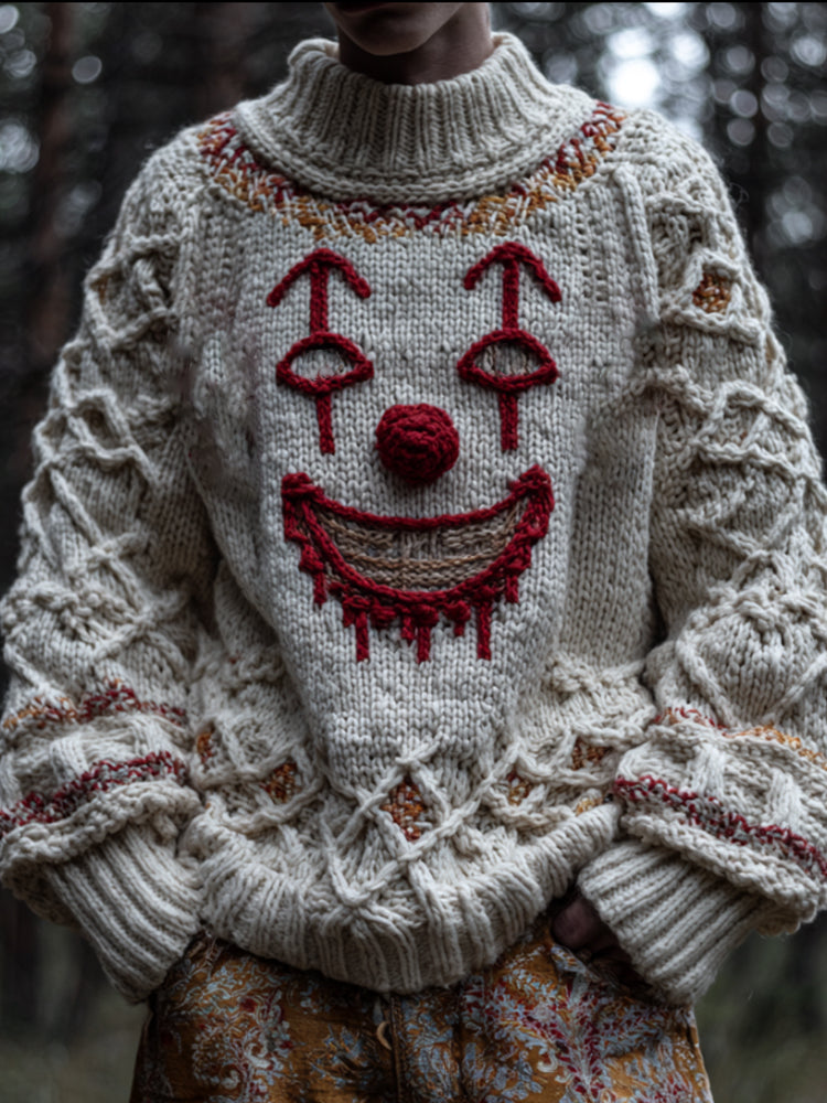 Men's Halloween Clown Face Embroidered Antique White Turtleneck Sweater