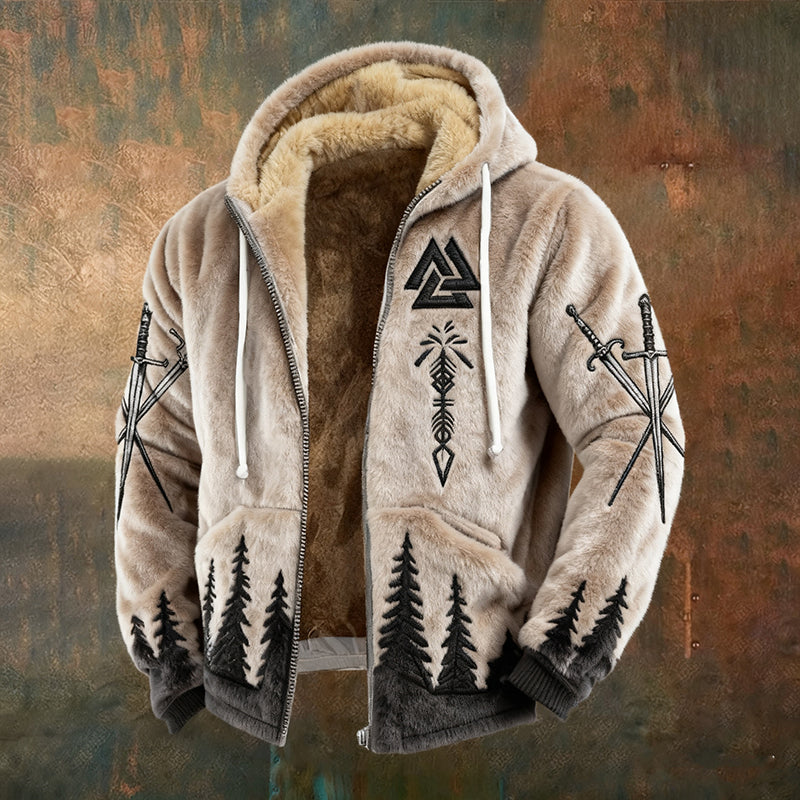 Men's Retro Viking Valknut And Sword Pattern Plush Zip-up Hooded Jacket