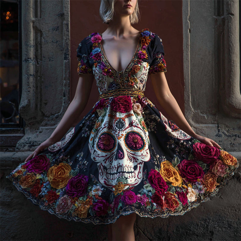 Day Of The Dead Sugar Skulls Floral Beaded Wide Skirted Linen Dress