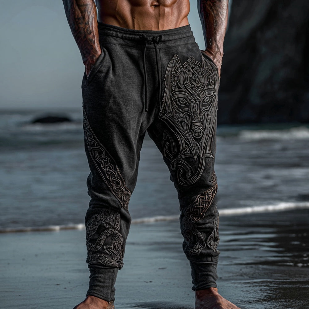 Men's Viking Celtic Wolf Embroidered Vintage Comfy Sweatpants