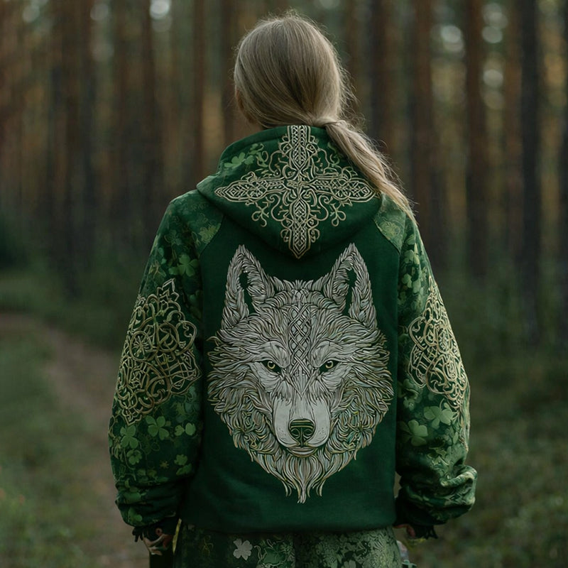 Women's Vintage Irish Viking Wolf Print Casual Hoodie