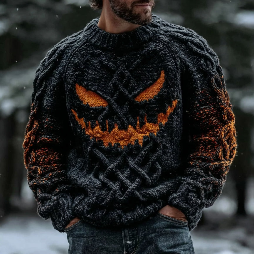 Men's Halloween Spooky Face Gradient Art Knit Crew Sweater