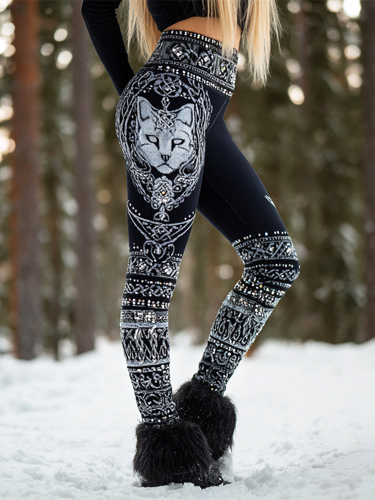 Celtic Cat Theme Design With Rhinestones Women's Knit Leggings